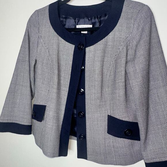 Pendleton Womens Size 6 Navy Blue Check Crop Wool Blazer Jacket Business Casual - Picture 3 of 9